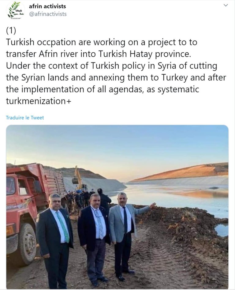 La Turquie détourne l’eau d’une rivière pour assoiffer le canton d’Afrin